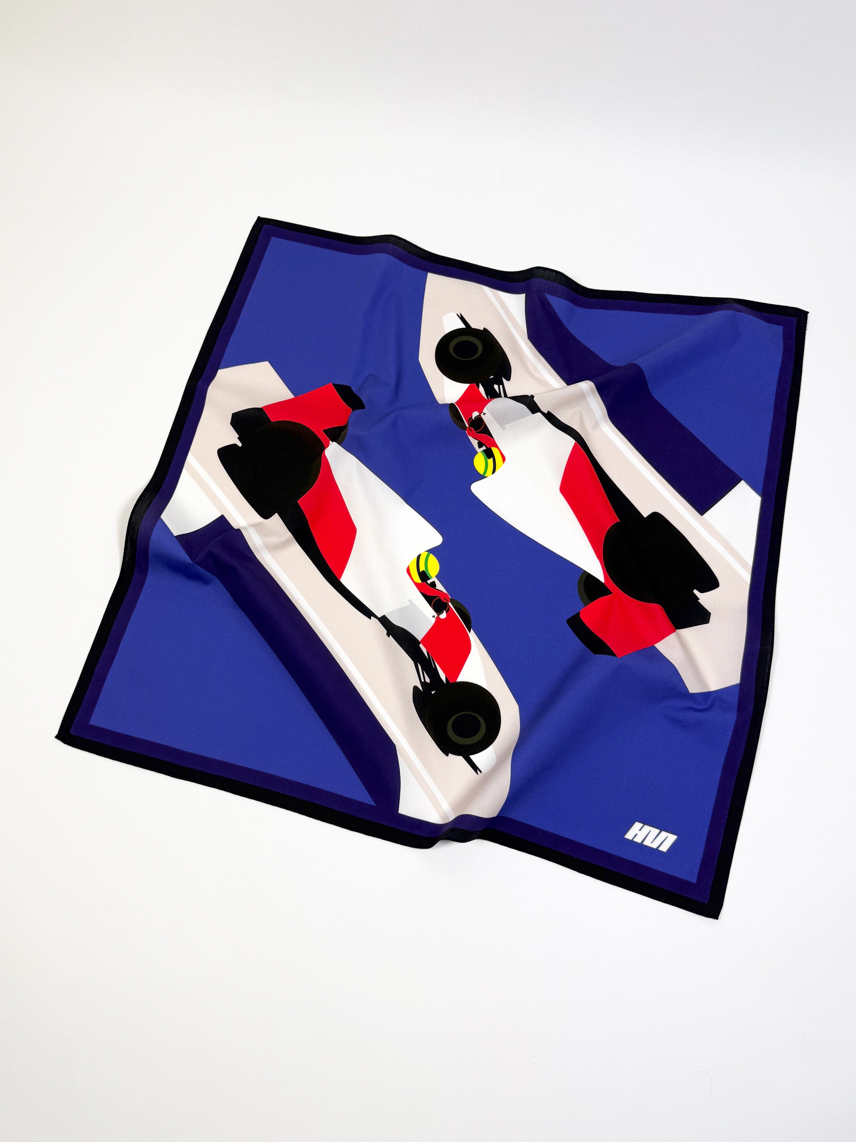AYRTON SENNA FOREVER special edition of cotton Bandanas and silk pocket squares designed specially for the new car museum in Luxembourg at GridX Hannibal Motors Anne Kieffer